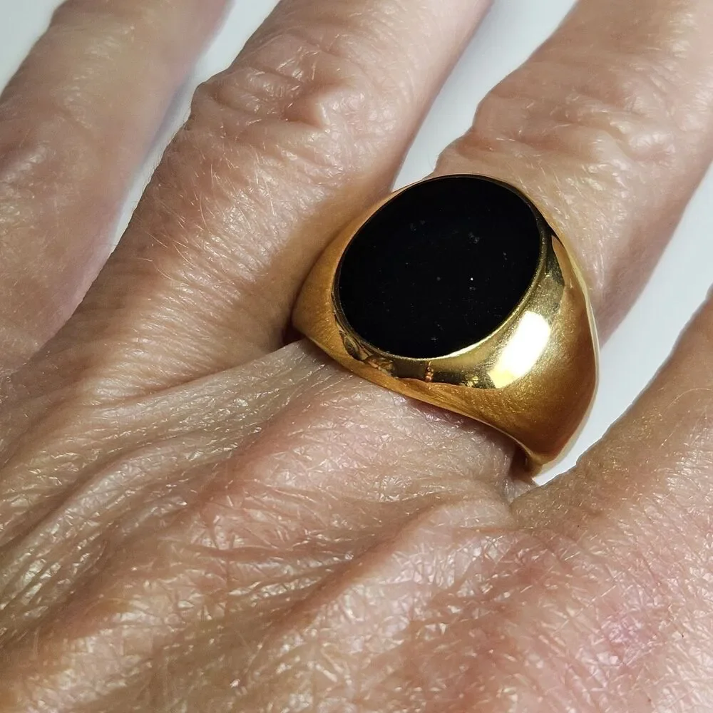 Gold Tone Black Oval Enamel Ring Chunky Size 8 - Picture 6 of 12